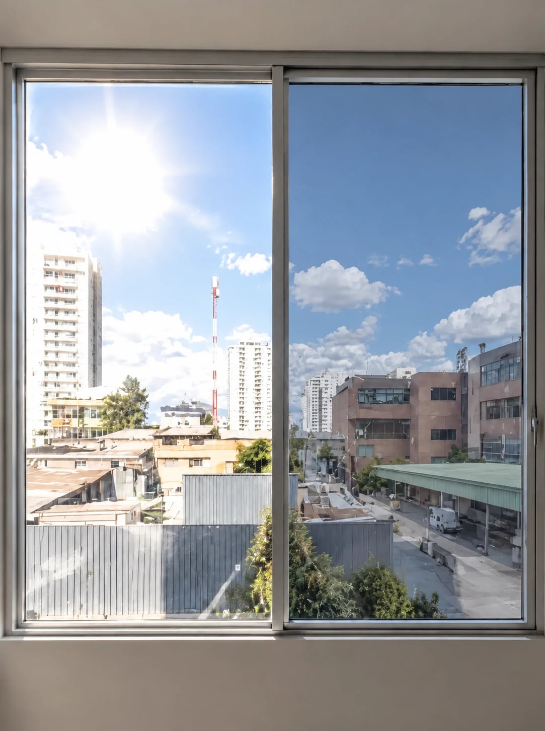 Ventana sin lámina a la izquierda y con lámina espejada 35% a la derecha